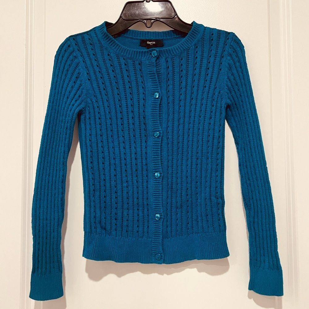 Gap Girl’s Pointelle Cardigan Sweater in Beach Umbrella (Teal) Sz. Medium (8-9)
